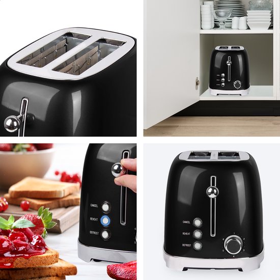 KitchenBrothers - Retro-Toaster - 6 Heizstufen - 2 extra breite Schlitze - Aufwärm- und Auftaufunktion - Schwarz
