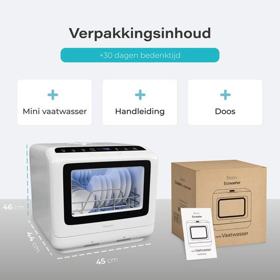 EcoWasher Freistehender Mini-Geschirrspüler mit Wassertank - Mit APP - 5 Fächer - 6 Waschprogramme - Kleiner Geschirrspüler - Geschirrspüler 45cm - Schmaler Geschirrspüler - Camping - Weiß