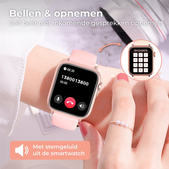 Nuvance - Smartwatch Männer & Frauen mit Bluetooth - 45mm - Geeignet für alle Smartphones - Schrittzähler und Herzfrequenzmesser - Wasserdicht - Hellrosa