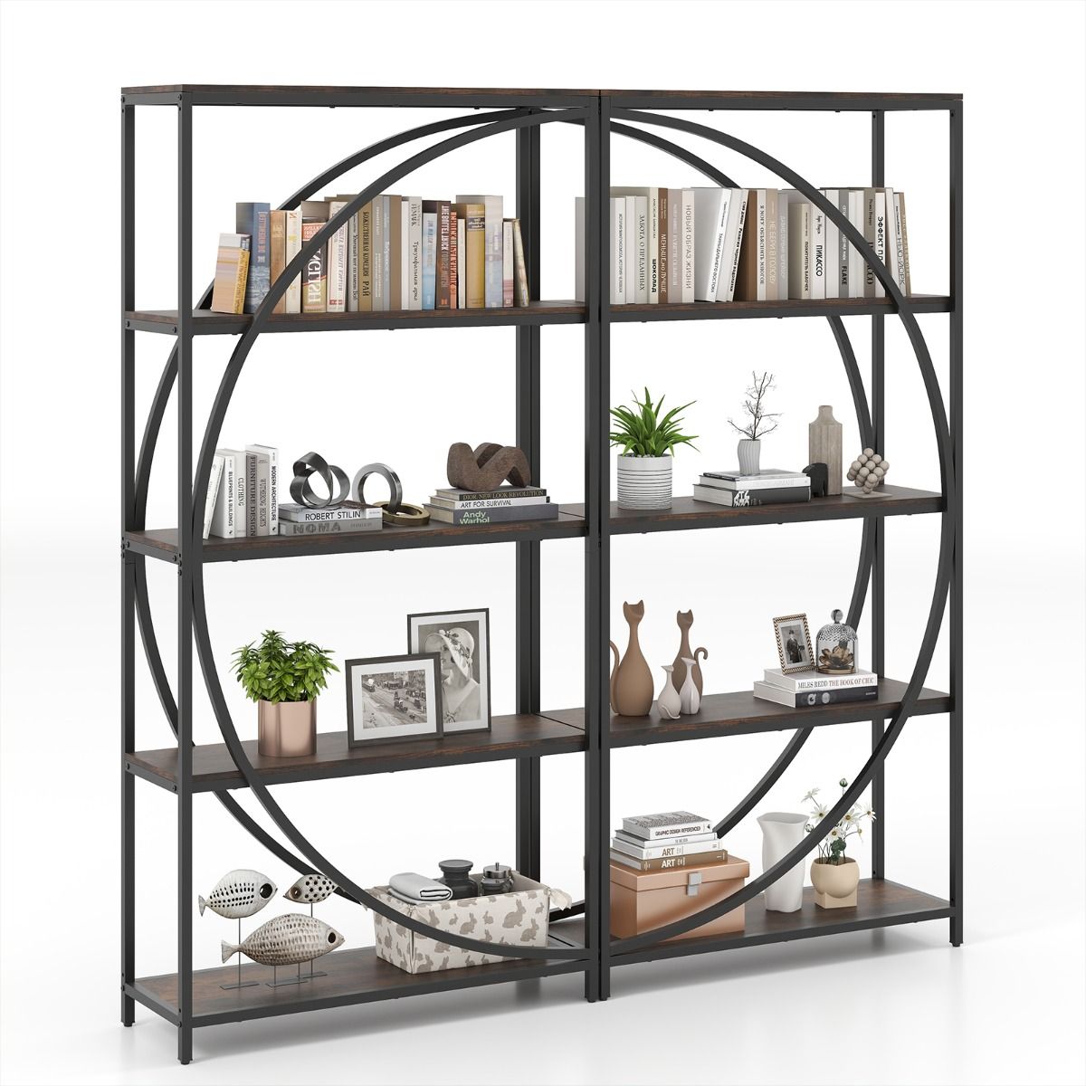 Coast Bücherregal mit 5 Fachböden – geschwungenes Design – Metallgestell – braun – 86 x 30 x 175 cm