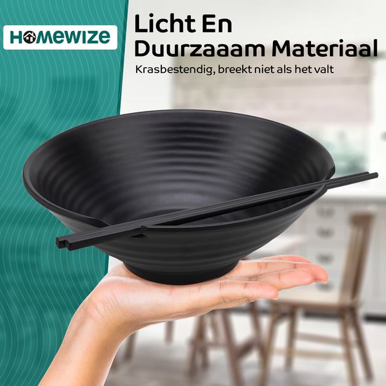 Homewize - Ramen Bowl 3x - Set 14-teilig - Nudelschüssel-Set mit Suppenlöffel & Essstäbchen - stark & spülmaschinenfest - schwarz