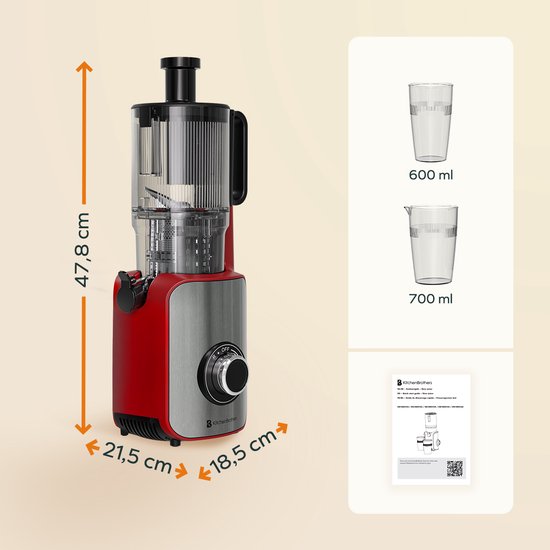 KitchenBrothers Slowjuicer - Vertikal - Entsafter - Gemüse- und Obstpresse - 126 mm - 750 ml - Rot