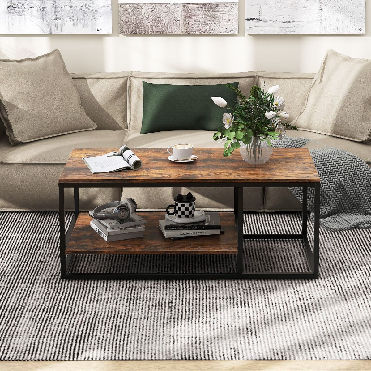Coast Couchtisch – rechteckig – 2-stöckiger Stauraum – rustikales Braun und Schwarz – 105 x 50 x 42,5 cm