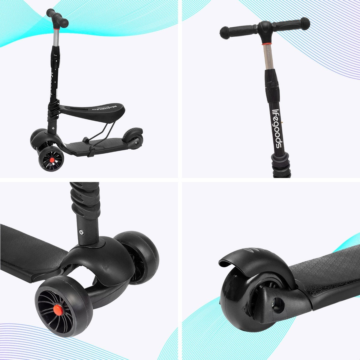 LifeGoods MultiRider Kids' Scooter - Stufe 3-8 Jahre - Verstellbarer Sitz - Leuchtende Räder - Jungen/Mädchen - Schwarz