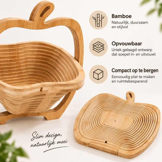 Ceruzo Obstkorb, zusammenklappbar – Bambus – 27 x 22 x 30 cm – 2-in-1 – Obstkorb und Untersetzer