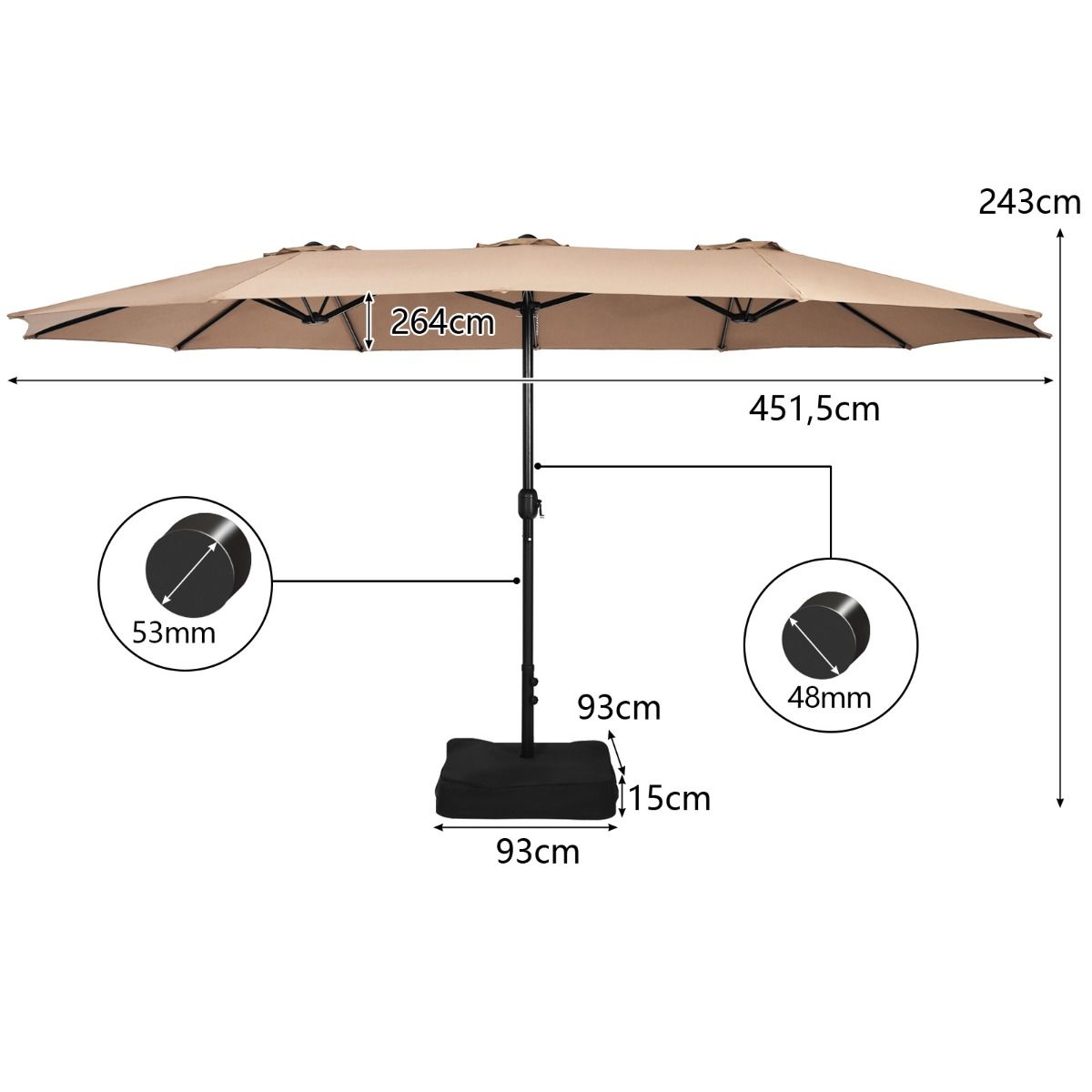 Coast 451,5 x 264 cm Doppelter Terrassen-Sonnenschirm mit Ständer - Brauner XXL-Schattenschirm für Garten, Terrasse und Schwimmbad