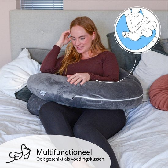 EL Life Umstandskissen XXL C-Form - Stillkissen - Seidenschlafkissen - Körperkissen - abnehmbarer Minky-Vliesbezug - 150x70cm - Grau