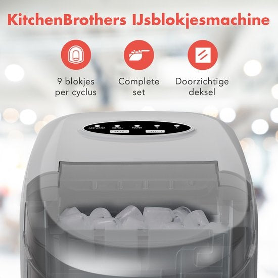 KitchenBrothers Eiswürfelbereiter - 1.6L - 8 min. - 12kg/24h - Selbstreinigungsfunktion - Eiswürfelbereiter mit Eisportionierer - Edelstahl