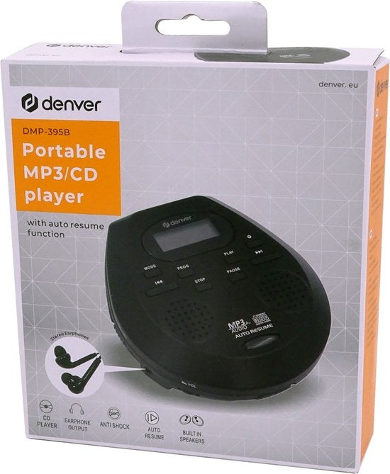 Denver Discman CD- & MP3-Player - Anti-Schock - Integrierte Lautsprecher - Inklusive Kopfhörer - CD, CD-R, CD-RW, MP3, LCD-Bildschirm - DMP395 - Schwarz