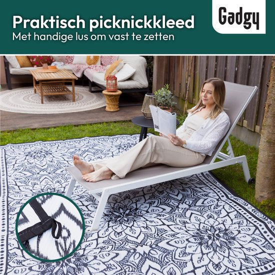 Gadgy Outdoor Teppich XXL - Outdoor Teppich 300x200 cm - Gartenteppich Doppelseitig - Picknickdecke Schwarz Weiß - Outdoorteppich