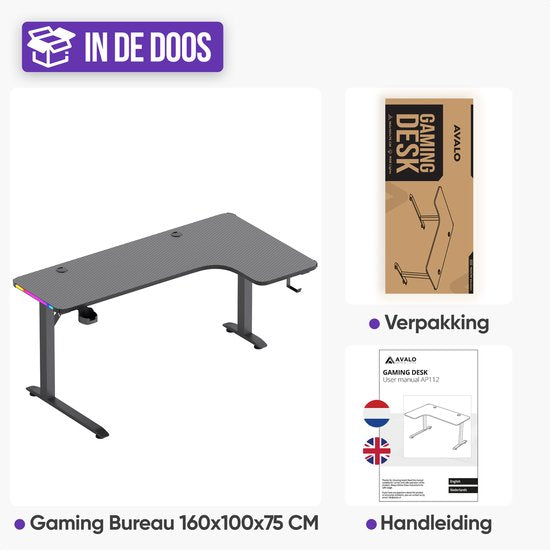 Avalo Gaming-Schreibtisch – 160 × 100 × 75 cm – L-förmiger Eckschreibtisch – Gaming-Schreibtisch mit LED-Beleuchtung – Tisch – Schwarz – Ecke rechts