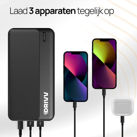 Drivv. Powerbank 10.000 mAh - 22,5W Schnellladegerät - Schnellladung USB 3.0 - USB C - Geeignet für Samsung / iPhone / mehr - Schwarz