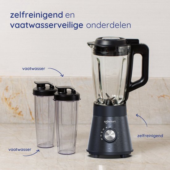 Safecourt Kitchen - Hochleistungsmixer - 5 automatische Programme - Smoothie-Maker - 1300 Watt - Schwarz