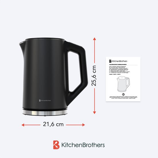 KitchenBrothers Wasserkocher - Elektrisch - 1,5L - 2200W - Einstellbare Temperaturregelung - Doppelwandig - Edelstahl-Wasserkocher - Schwarz