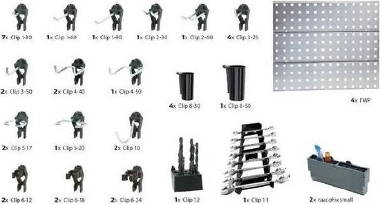 Raaco Super Clip Set - Werkzeugwand aus Stahl - Aufbewahrungssystem - 46-teilig - 104 x 88 x 1,1 cm