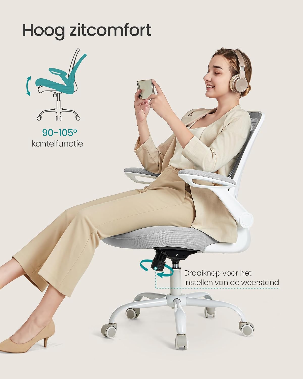 Songmics KIME ergonomischer Bürostuhl – Hellgrau – 64 x 64 x (99–107) cm