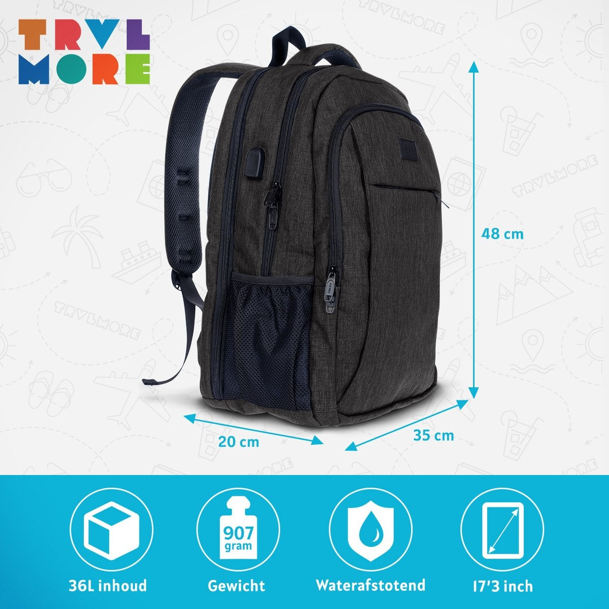 TRVLMORE Rucksack - 36L - 17.3 Zoll - Laptop-Rucksack - Schultasche - Unisex - Spritzwassergeschützt Anthrazit