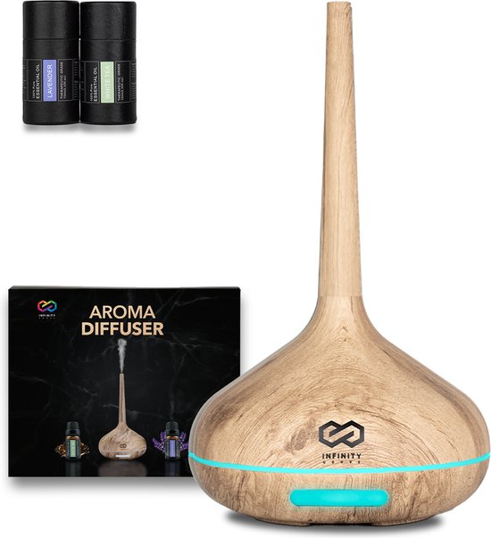 Infinity Goods Aroma Diffuser Inkl. 2x 10ml reines ätherisches Öl - Luftbefeuchter - Verdampfer - 10 LED Farben - Aromatherapie - Duftdiffusor - Holz Braun