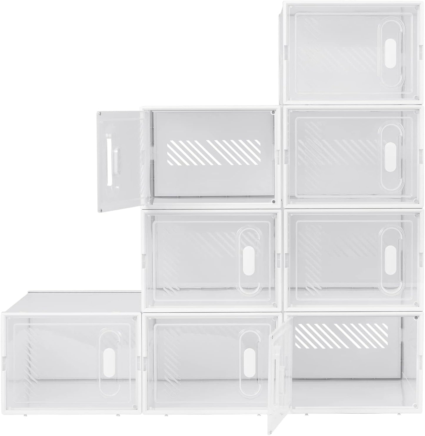 Woltu Schuhkartons, 8er-Set – Transparent-Weiß – Stapelbare Aufbewahrungsboxen mit Klappdeckel – Schuhaufbewahrung aus Kunststoff – 25 x 19 x 35 cm