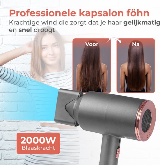 Nuvance - Haartrockner mit Diffusor - Inklusive 3 Aufsätze - 3 Hitze- und 2 Blasstufen - Haartrockner für Locken - Ionen-Haartrockner - Haartrockner