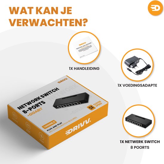 Drivv. Netzwerk-Switch - 8 Ports - Internet-Switch - RJ45-Splitter - schwarz