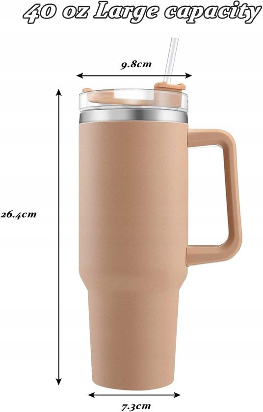 Markenloser Thermobecher 1200 ml aus Edelstahl mit Strohhalm und Henkel – Nude