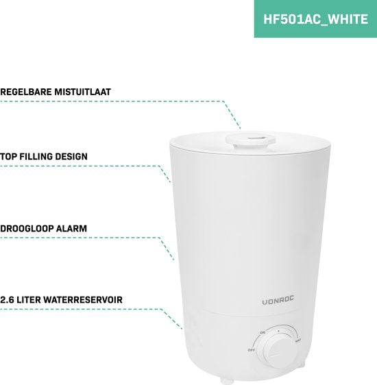 VONROC Luftbefeuchter 2,6 Liter - Ultraschall - 360° Nebelauslass - weiß