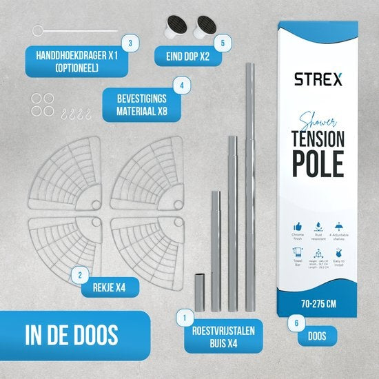 Strex - Teleskop Duschablage - rostfreier Stahl - 70-275 cm - 4 Körbe - ohne Bohren oder Schrauben - Silber