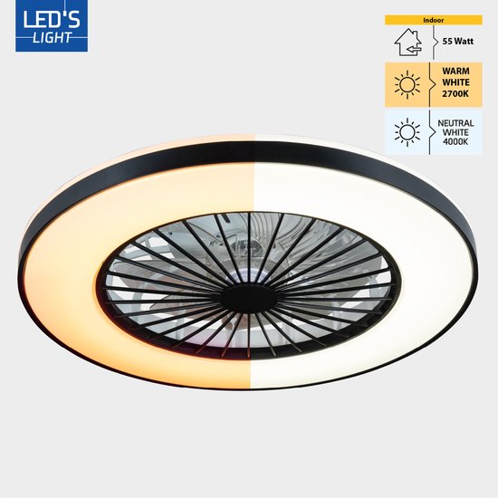 LED's Light Deckenventilator mit Beleuchtung 48 cm - Lüftungsgeschwindigkeit und Fernbedienung - Deckenleuchten mit Ventilator & Lampe - Schwarz