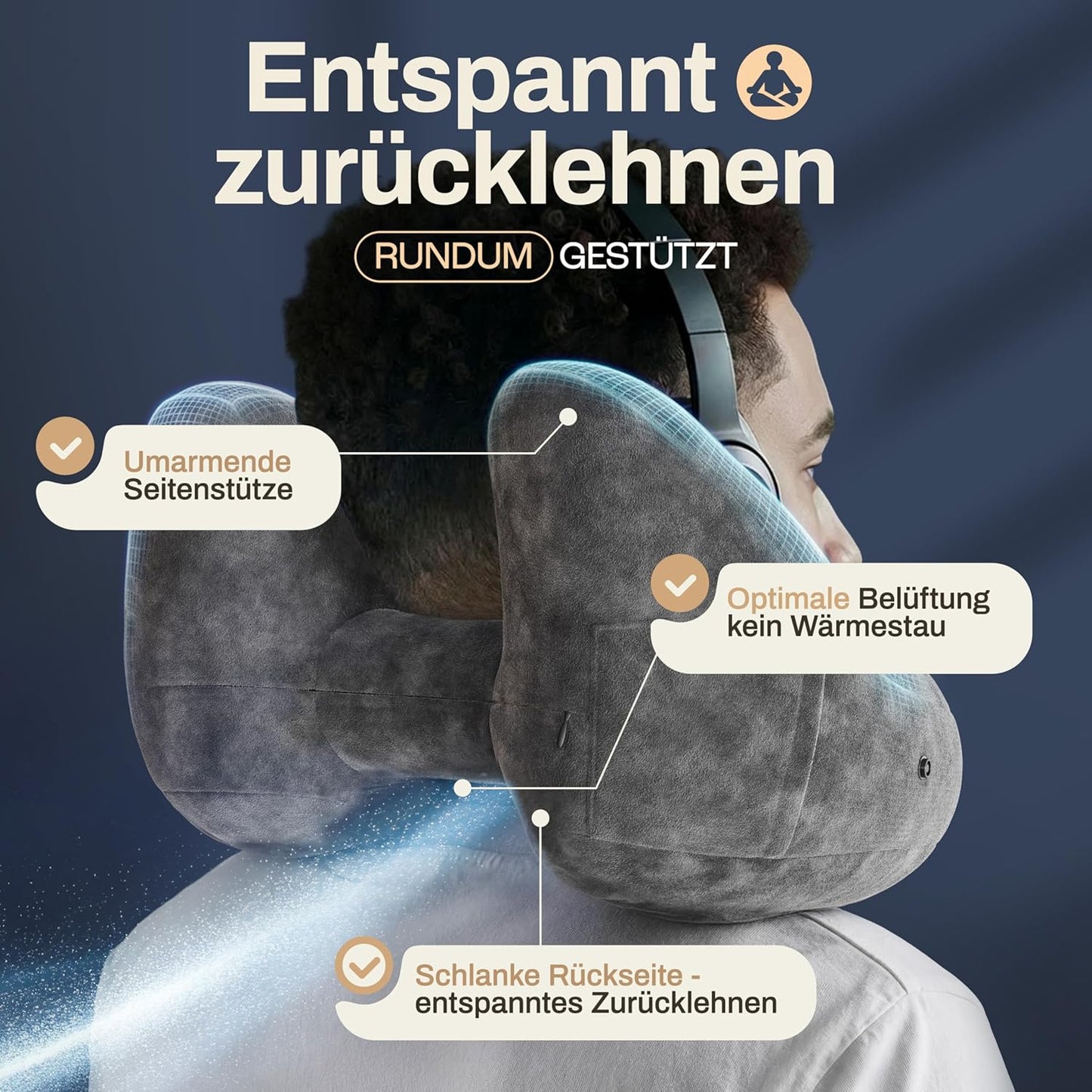 Heldenwerk Premium Air Aufblasbares Nackenkissen – Dunkelgrau – Größe S – Inklusive Kapuze und Ohrstöpseln