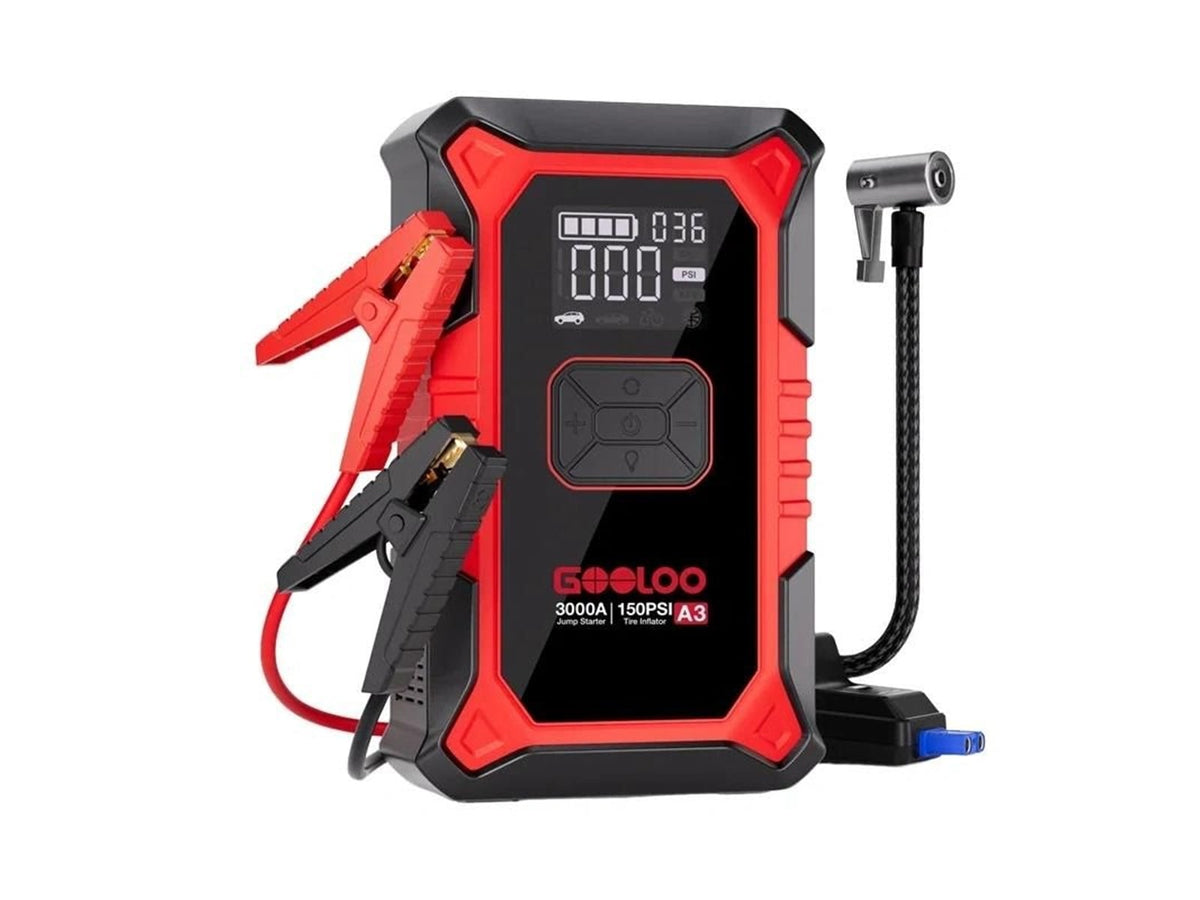 Gooloo A3 2-in-1-Starthilfe mit Kompressor – 3000 A – 150 PSI – Powerbank und LED-Lampe – Rot/Schwarz