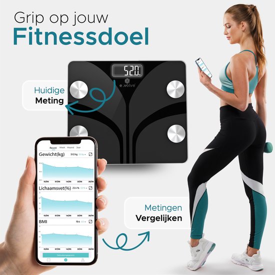 e.volve Waagen Personenwaage Digital - 14 Messungen - Smart Scale mit Körperanalyse - Schwarz