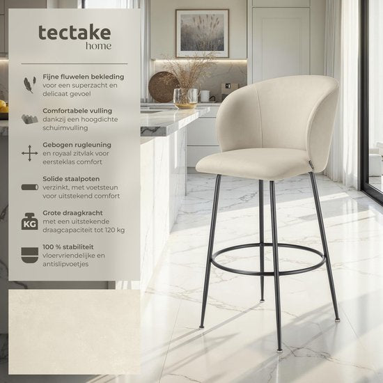 tectake® - 2er Set Barhocker Luana - Gepolsterter Barhocker mit Rückenlehne - Barhocker mit Fußstütze - Esszimmerstuhl mit Samtpolsterung - Stabile Stahlbeine mit rutschfestem Bodenschutz - Creme/Schwarz