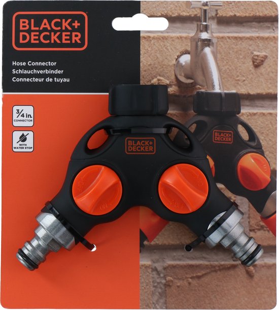 BLACK+DECKER Wasserhahnstück - 3/4 Zoll Anschluss - Wasserstop - 2-Wege-Verteiler - Schwarz/Orange