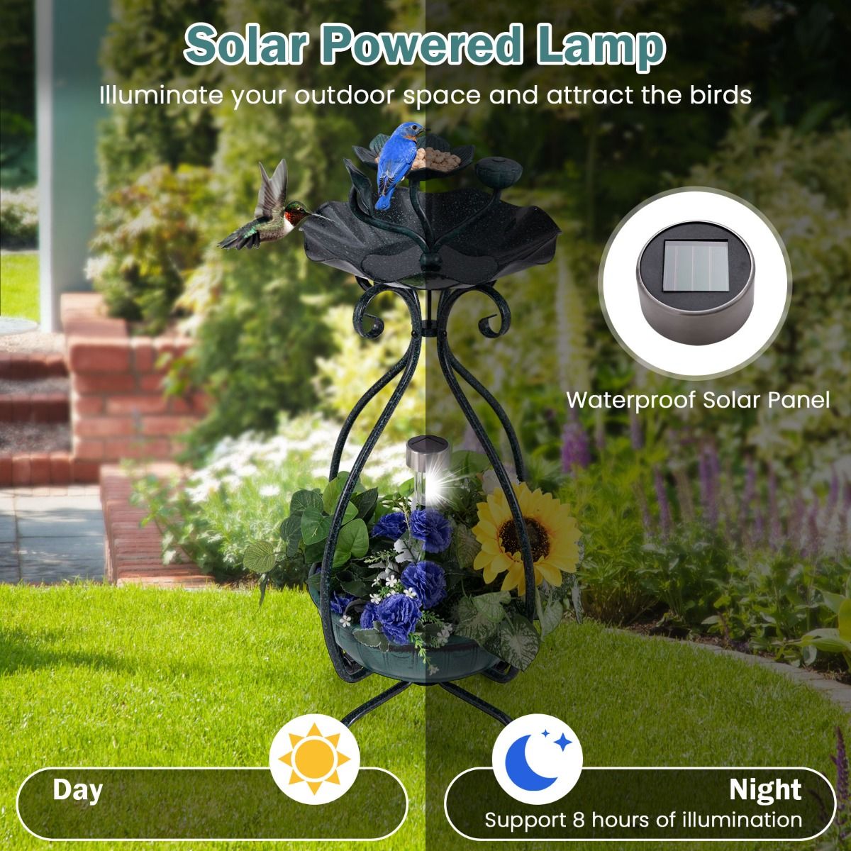 Coast Vogeltränke mit Solarpanel – Vogelfutterspender und Blumentopf – dekorative Lotusblüte und Blätter – grün