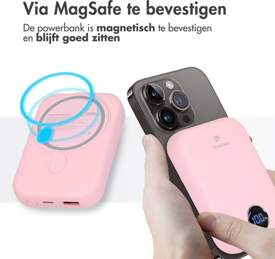 imoshion Powerbank 10000 mAh - Geeignet für MagSafe - Schnellladegerät 22,5W - LED-Anzeige - USB C & USB A - Wireless Powerbank Geeignet für iPhone 12/13/14/15/16 - Pink