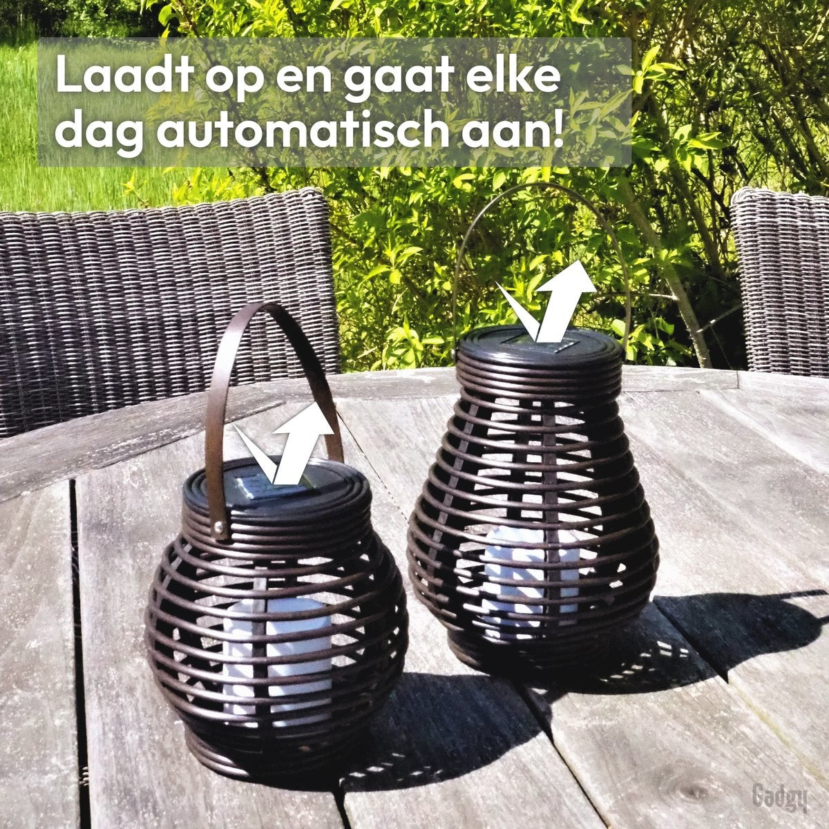 Gadgy Solar Rattan Tischlampe 2er Set - Solar Gartenbeleuchtung mit Solarenergie - Gartenlaterne - Led Außenbeleuchtung mit Tag/Nacht Sensor - Für Innen und Außen