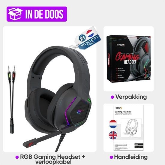 Strex - Gaming Kopfhörer - mit Mikrofon & RGB-Beleuchtung - 7.1 Surround Sound - PC/PS4/PS5/XBOX/Switch - Schwarz