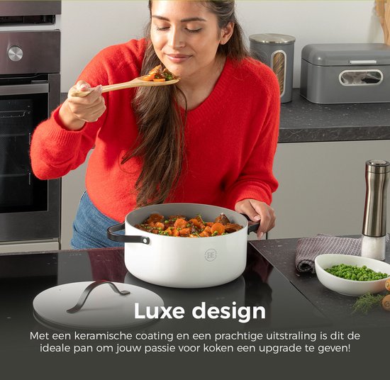 BE Living Essential Kasserolle mit Deckel - Ø 28 cm - Kochtopf - Keramik - PFAS-frei - Induktion - Weiß