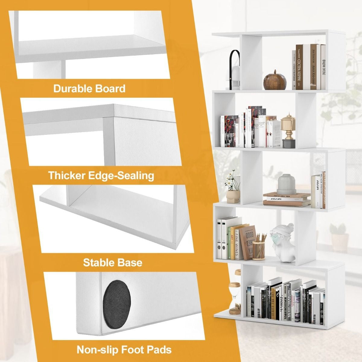 Coast 5-Schubladen-Bücherregal in S-Form - 70 x 23,5 x 158 cm - Weiß