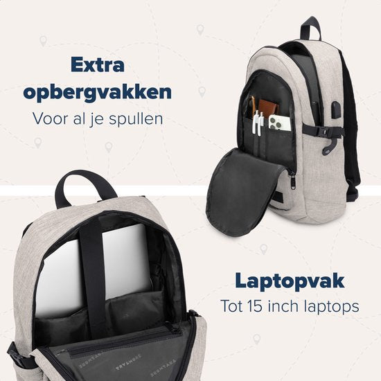 TRVLMORE Rucksack - 25L - 15.6 Zoll - Laptop-Rucksack mit USB - Schultasche - Herren und Damen - Tasche Champagner