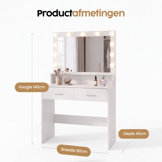 Infinity Goods Schminktisch – Make-up-Tisch – Mit Spiegel und 11 LED-Lampen – Viel Stauraum – Dimmbar – Weiß