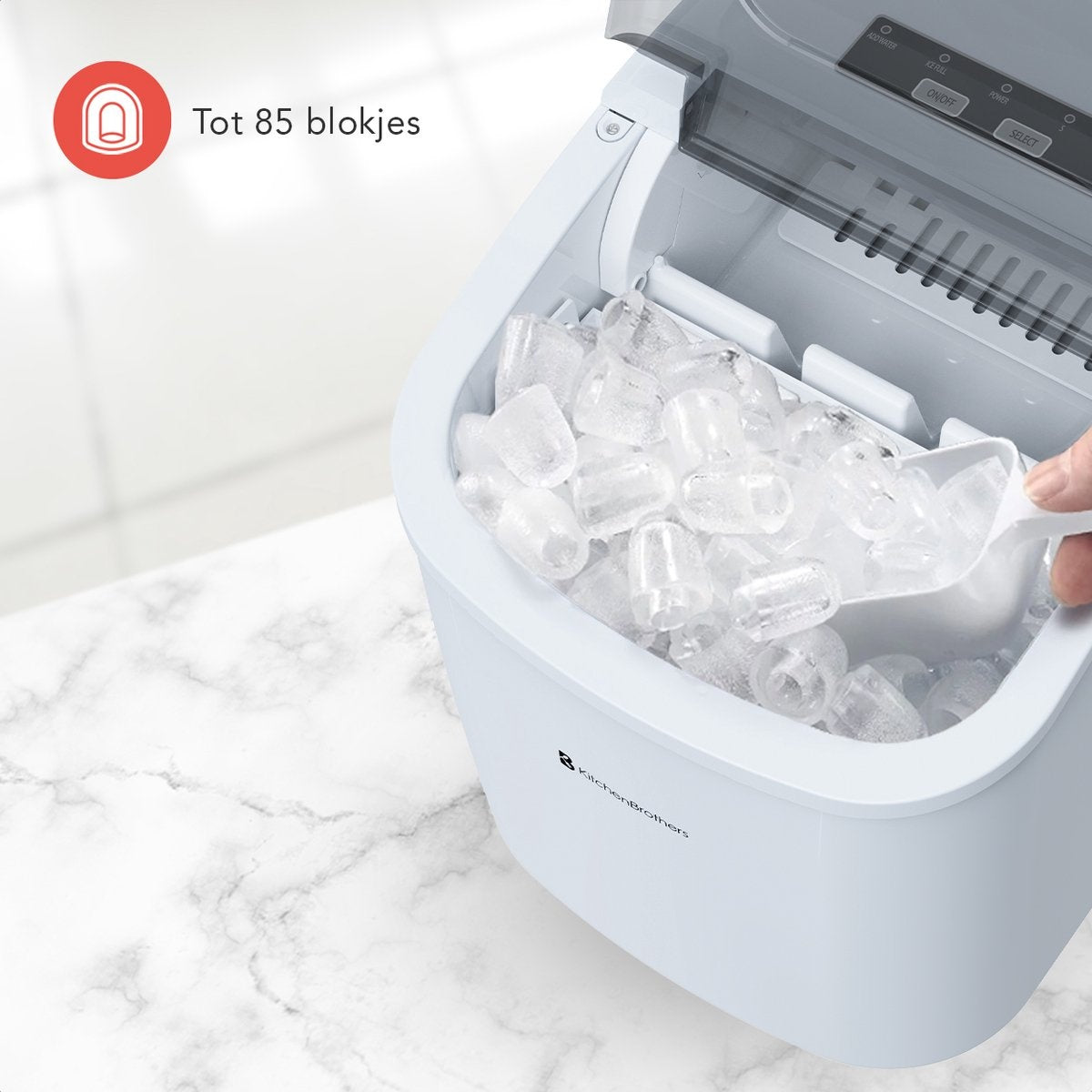 KitchenBrothers Eiswürfelbereiter - 7/10 min - Tragbar mit Handgriff - Inklusive Eisportionierer - Weiß