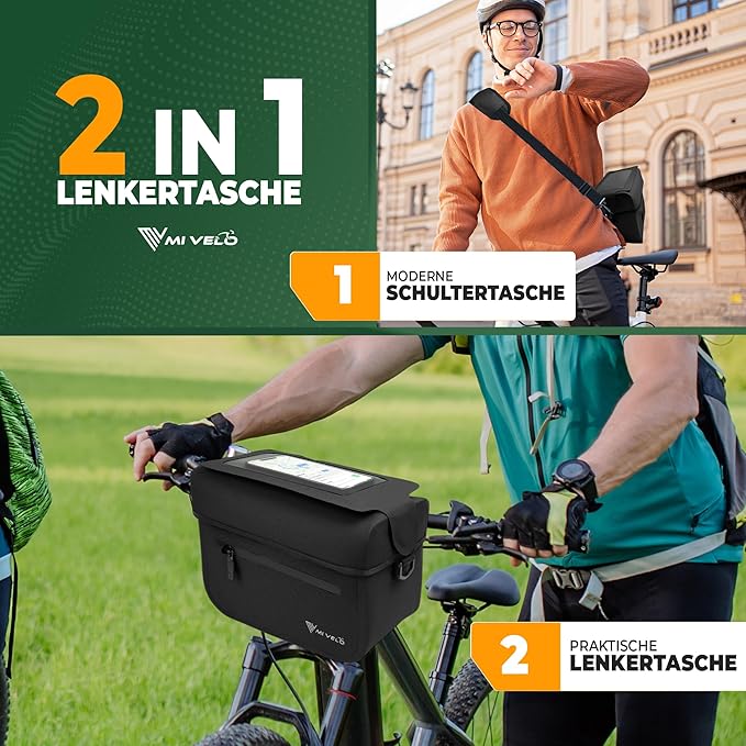 MIVELO - Lenkertasche - 100% wasserdicht & mit Handyfach - 7 Liter - 26 x 21 x 14cm - Schwarz