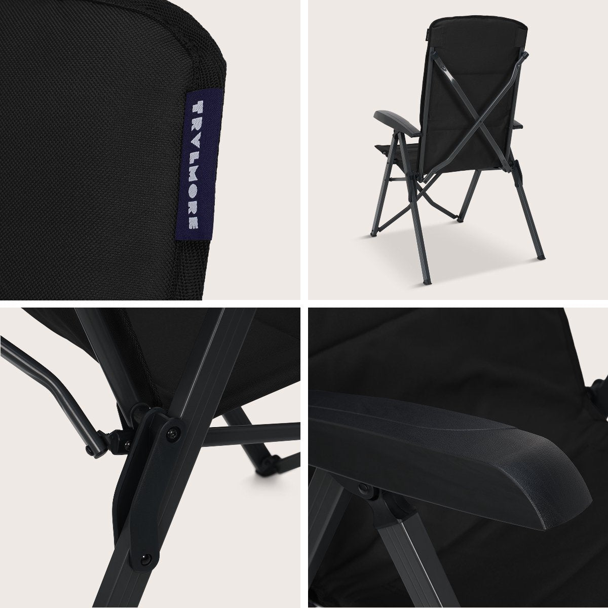 TRVLMORE Luxus Campingstühle 2er Set - faltbar - 150KG Tragkraft - verstellbare Rückenlehne - inklusive Tragetasche - Schwarz