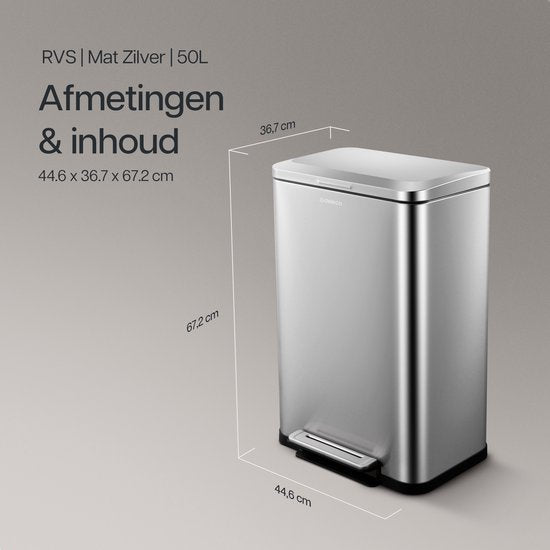 Deleca Mülleimer Prestige - 50 Liter - Breit - Edelstahl Mülleimer / Abfallbehälter / Tret-Abfallsammler - Mit Fußpedal und Slow Close - Matt Silber