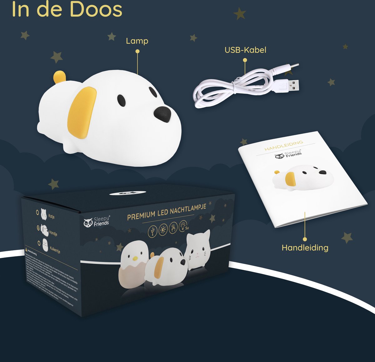 Sleepy Friends Kinder Nachtlicht Hund Grau 95x97x100 mm - Dimmbares USB Wiederaufladbares Nachtlicht für Baby und Kinderzimmer