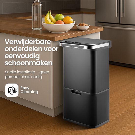 Hom&Com Mülleimer mit 3 Fächern, 60 l, schwarz – Automatischer Mülleimer mit Sensor – Soft-Close-Deckel, Ozonfunktion und Geruchsfilter für die Mülltrennung