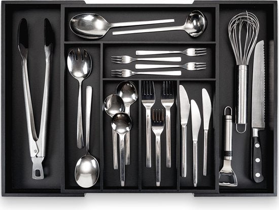 Budu Extendable Bamboo Cutlery Tray #38 (38 cm tief) - Schwarz - Besteckkassette Holz - Besteckschublade - 38 x 29,5 - 47,8 cm - 5/7 Fächer