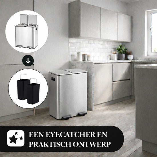 Bayt Mülleimer - Mülleimer 60 Liter (2x30) - Mülleimer 60 Liter - Treteimer 60 Liter - Mülleimer Mülltrennung - Mülleimer 2 Fächer - Mülleimer - Edelstahl - Silber